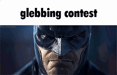 A Close Up Of A Man In A Batman Costume With The Words Glebbing Contest Written Above Him . GIF