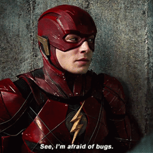 A Close Up Of A Man In A Flash Costume Saying " See I 'M Afraid Of Bugs " GIF
