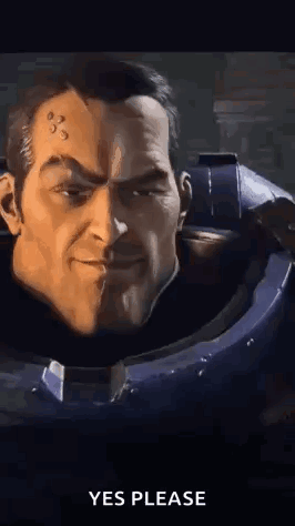A Close Up Of A Man 'S Face In A Video Game With The Words `` Yes Please '' Written Below Him . GIF
