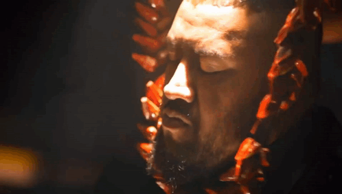 A Close Up Of A Man 'S Face With A Beard And A Necklace Around His Neck GIF
