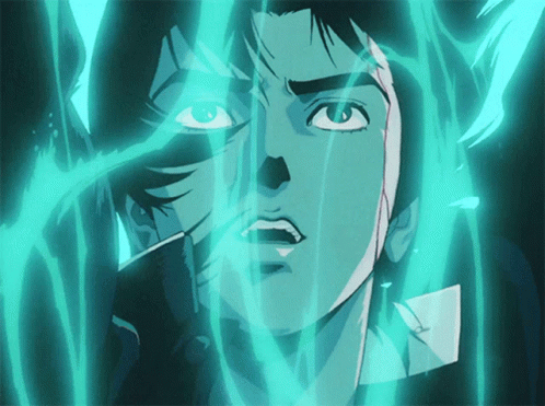 A Close Up Of A Man 'S Face With A Blue Light Coming Out Of His Eyes GIF