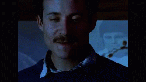 A Close Up Of A Man 'S Face With A Mustache And A Blue Shirt GIF