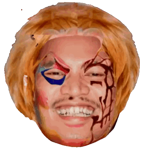 a close up of a man 's face with a red blue and white eye