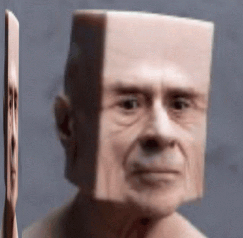 A Close Up Of A Man 'S Face With A Square Head . GIF