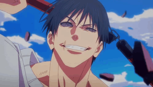 A Close Up Of A Man 'S Face With A Sword In His Hand And A Blue Sky In The Background . GIF