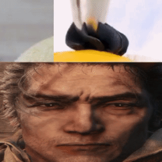 A Close Up Of A Man 'S Face With A Yellow Object On Top Of It GIF