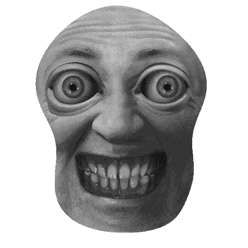 a close up of a man 's face with big eyes and a big smile