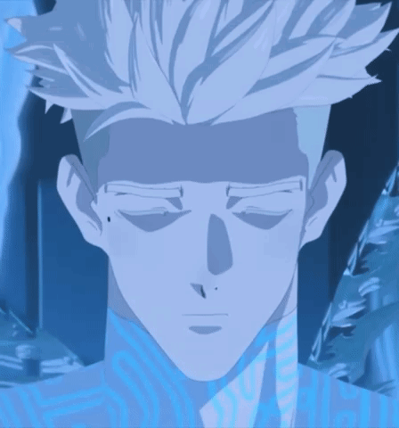 A Close Up Of A Man 'S Face With Blue Eyes And White Hair GIF