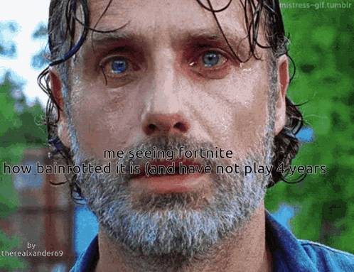 A Close Up Of A Man 'S Face With The Caption Me Seeing Fortnite How Bainrotted It Is GIF