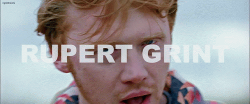 A Close Up Of A Man 'S Face With The Name Rupert Grint On The Bottom GIF