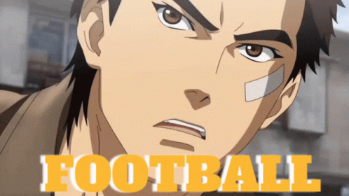 a close up of a man 's face with the word football in yellow letters