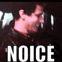A Close Up Of A Man 'S Face With The Word Noice Written On It GIF