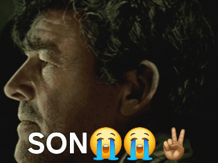 a close up of a man 's face with the word son on it