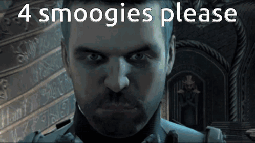 A Close Up Of A Man 'S Face With The Words " 4 Smoogies Please " Below Him GIF