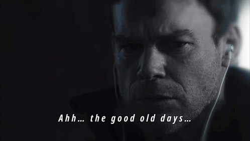 a close up of a man 's face with the words ahh the good old days below him