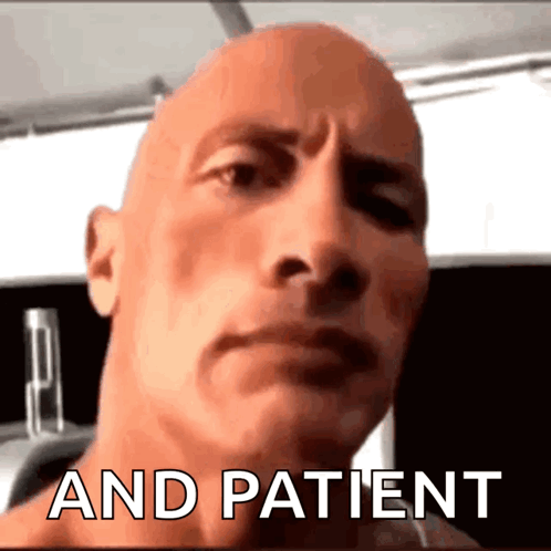A Close Up Of A Man 'S Face With The Words " And Patient " Written Below It GIF