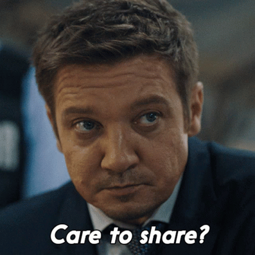 A Close Up Of A Man 'S Face With The Words Care To Share Below Him GIF