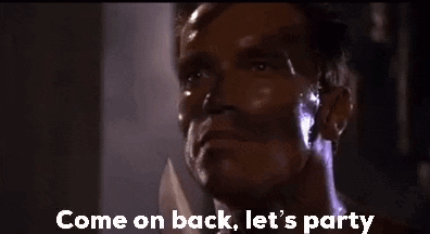 A Close Up Of A Man 'S Face With The Words Come On Back Let 'S Party Written Below Him . GIF