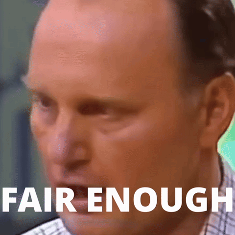 A Close Up Of A Man 'S Face With The Words Fair Enough On The Bottom GIF
