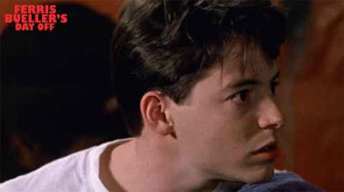 A Close Up Of A Man 'S Face With The Words Ferris Bueller 'S Day Off In Red GIF