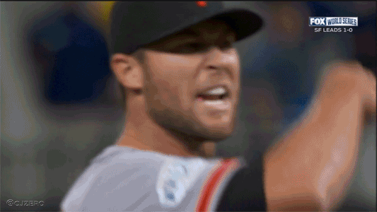 A Close Up Of A Man 'S Face With The Words Fox World Series Sf Leads 1-0 GIF
