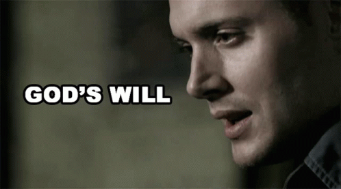 A Close Up Of A Man 'S Face With The Words God 'S Will Written Above Him GIF