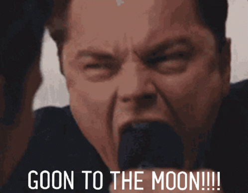 A Close Up Of A Man 'S Face With The Words Goon To The Moon !!! GIF