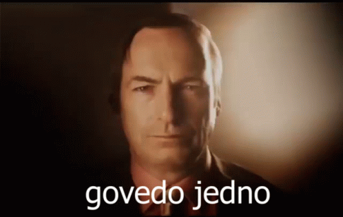A Close Up Of A Man 'S Face With The Words Govedo Jedno Written Below It GIF