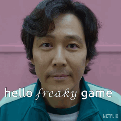 A Close Up Of A Man 'S Face With The Words Hello Freaky Game On The Bottom GIF