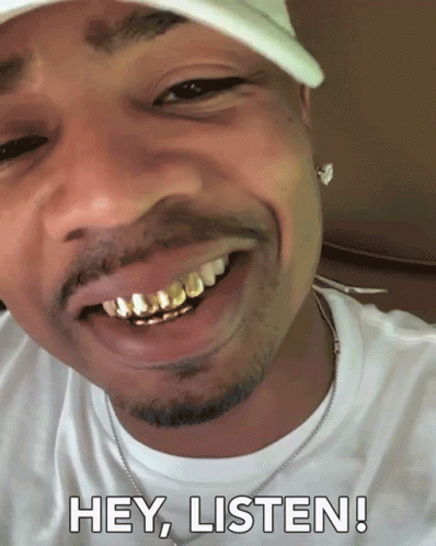 A Close Up Of A Man 'S Face With The Words Hey Listen Below Him GIF