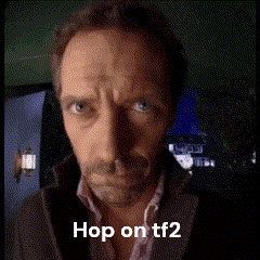 A Close Up Of A Man 'S Face With The Words Hop On Tf2 Below It GIF