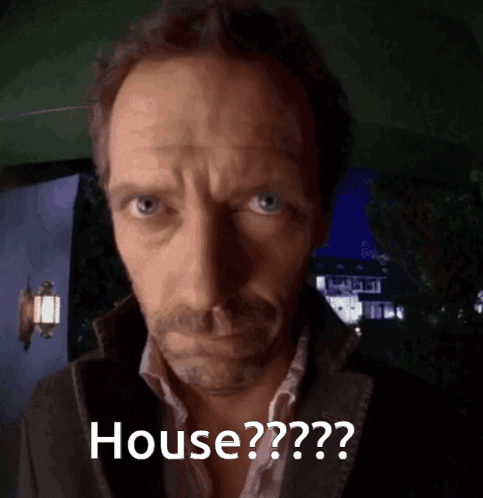 A Close Up Of A Man 'S Face With The Words House Written Below It GIF