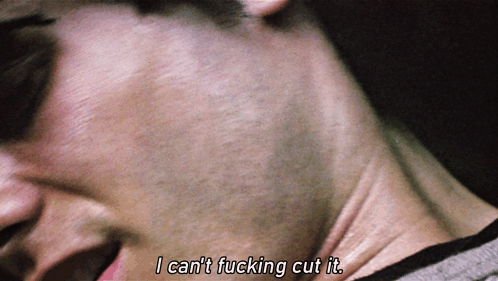 A Close Up Of A Man 'S Face With The Words " I Can T Fucking Cut It " GIF