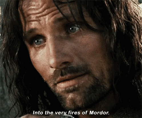 A Close Up Of A Man 'S Face With The Words Into The Very Fires Of Mordor GIF