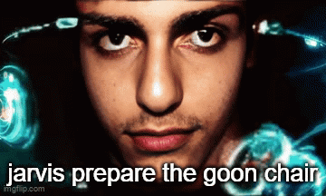 A Close Up Of A Man 'S Face With The Words Jarvis Prepare The Goon Chair Below Him GIF
