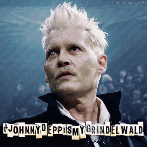 A Close Up Of A Man 'S Face With The Words Johnny Deppismy Grindelwald Above Him GIF