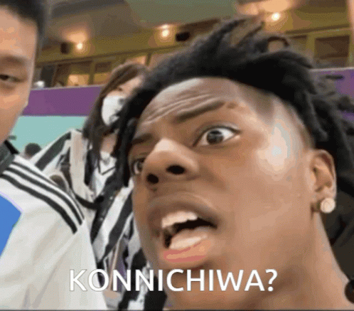 A Close Up Of A Man 'S Face With The Words Konnichiwa Written On The Bottom GIF