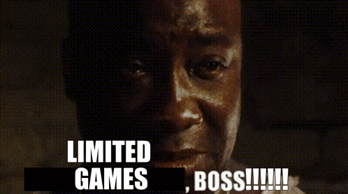 A Close Up Of A Man 'S Face With The Words " Limited Games Boss !!! " Above Him GIF