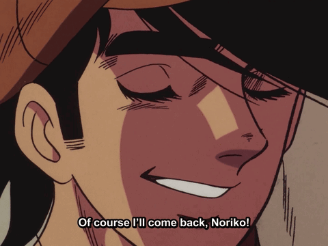 A Close Up Of A Man 'S Face With The Words Of Course I 'Ll Come Back Noriko GIF