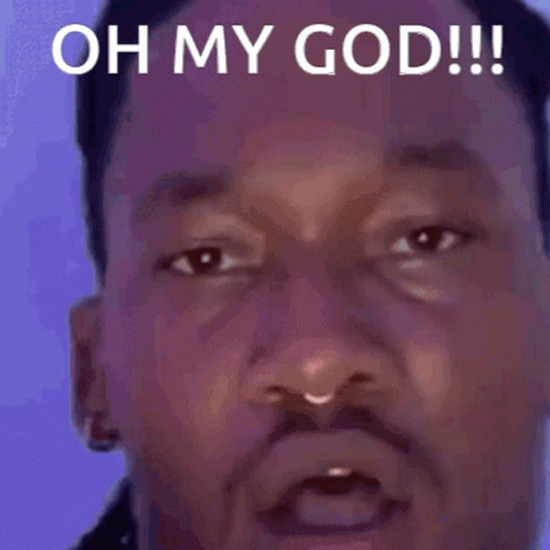 A Close Up Of A Man 'S Face With The Words " Oh My God " Written Above It GIF