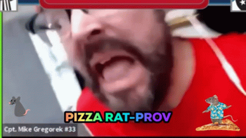 A Close Up Of A Man 'S Face With The Words Pizza Rat-Prov In The Corner GIF