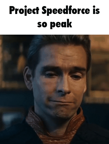 A Close Up Of A Man 'S Face With The Words Project Speedforce Is So Peak Written Above Him . GIF
