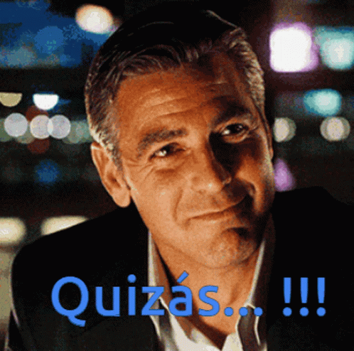 A Close Up Of A Man 'S Face With The Words Quizas !!! In Blue GIF