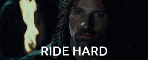 A Close Up Of A Man 'S Face With The Words Ride Hard On The Bottom GIF