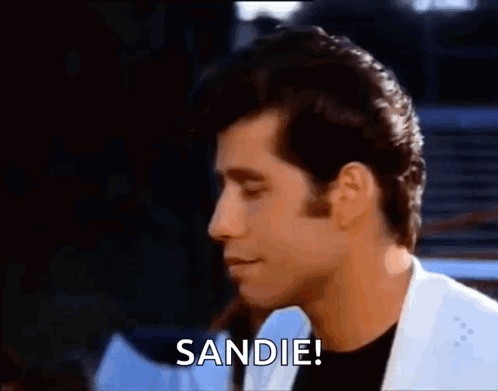 A Close Up Of A Man 'S Face With The Words `` Sandie '' Written On It . GIF