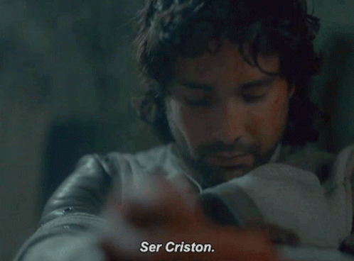A Close Up Of A Man 'S Face With The Words " Ser Criston " On The Bottom GIF
