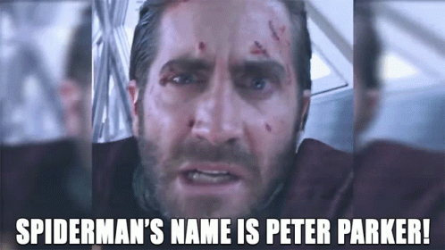 A Close Up Of A Man 'S Face With The Words `` Spiderman 'S Name Is Peter Parker '' Written On It . GIF