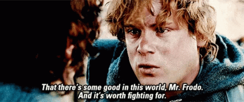 A Close Up Of A Man 'S Face With The Words That There 'S Some Good In This World Mr. Frodo GIF