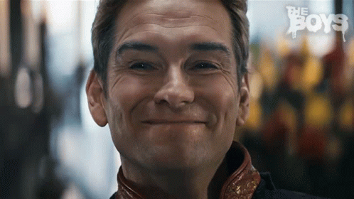 A Close Up Of A Man 'S Face With The Words The Boys Written On The Bottom GIF