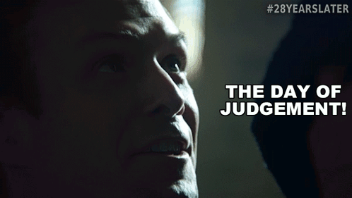 A Close Up Of A Man 'S Face With The Words " The Day Of Judgement " On The Bottom GIF